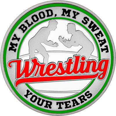 Red "Wrestling" with Green Outer Circular Borders